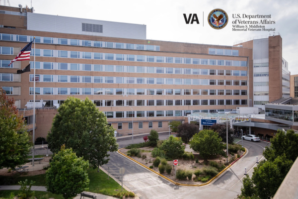 North side entrance and building exterior for Madison VA Hospital.