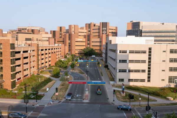 Birdseye view of road leading to University Hospital ospital entrance.